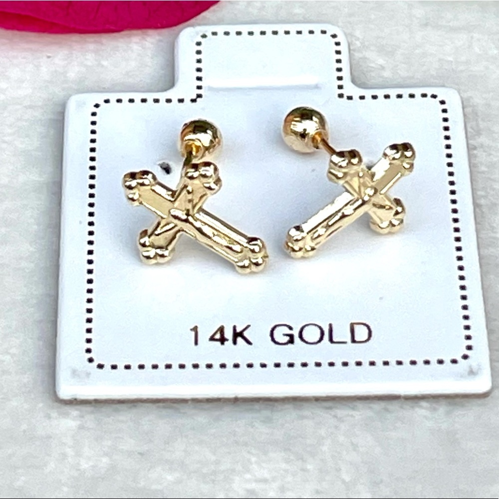 Solid Gold 14 Karat Yellow 6x11mm Religous Cross Stud Earring